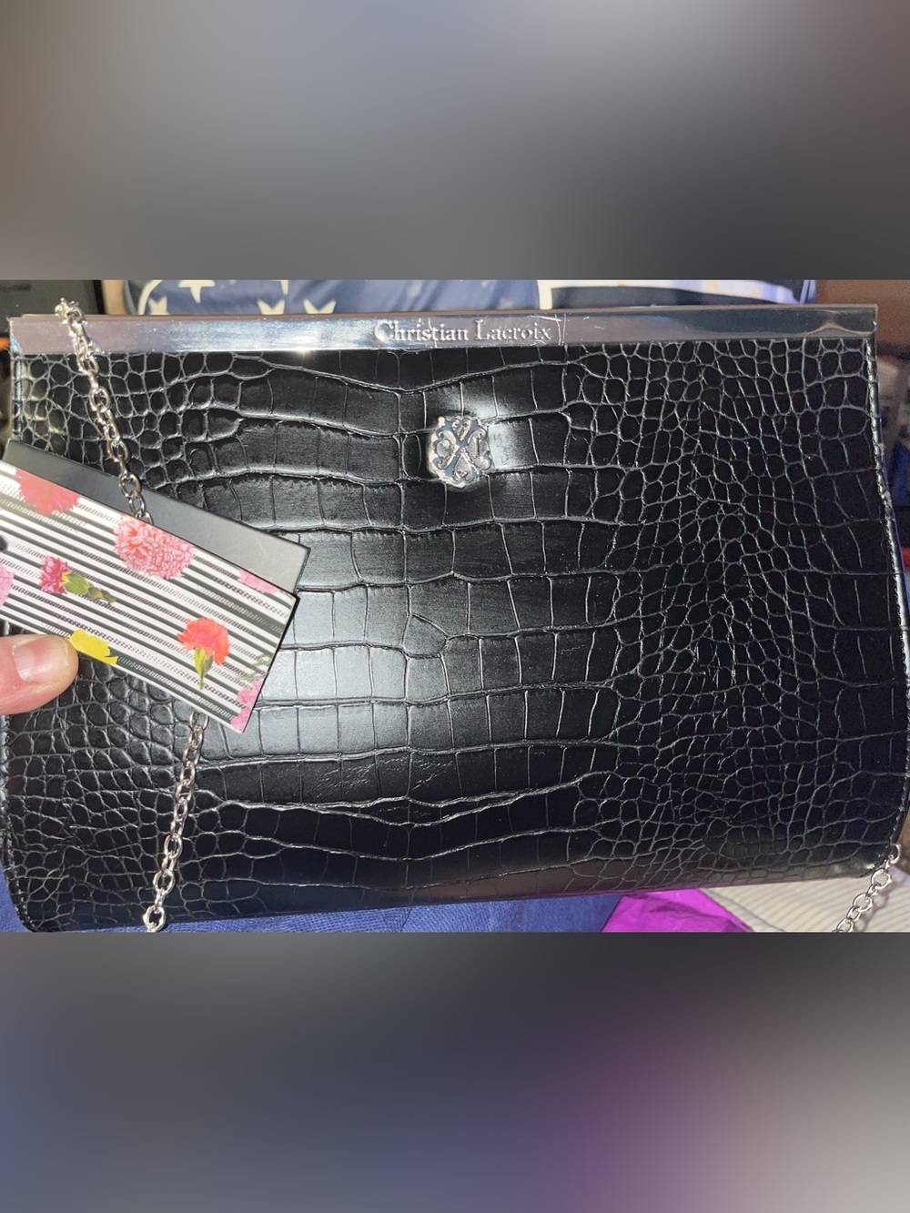 Christian Lacroix NWT Black Croc-Embossed Crossbody/Clutch